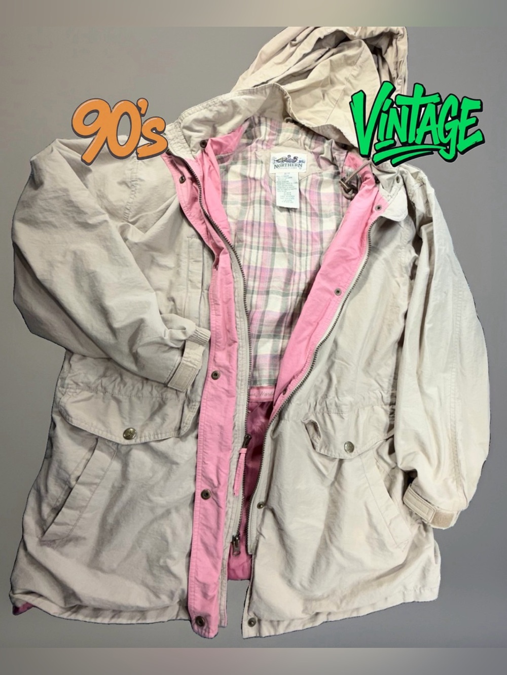 Northern Reflections Loon Jacket Womens M Beige Pink Plaid 22x29.5 Vintage